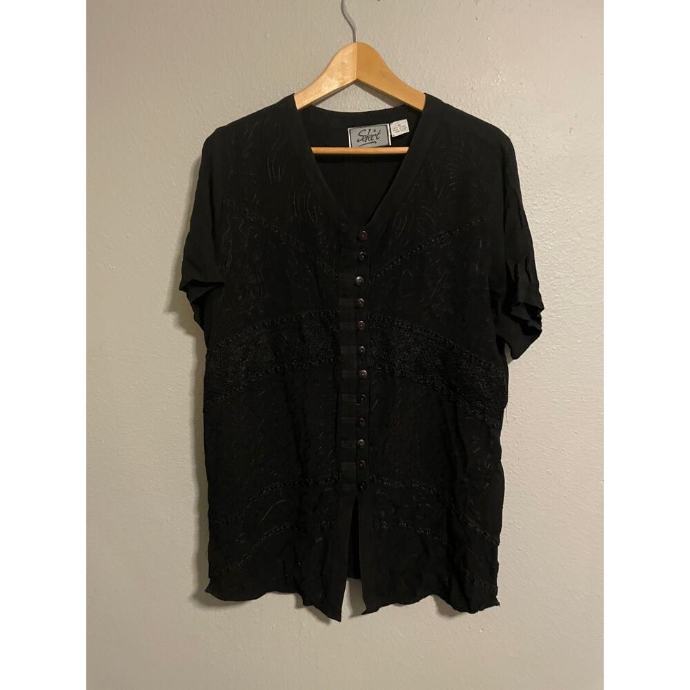 Vintage Womens Tunic Size 1X Black Rayon Embroidered Button Up Whimsigoth 90s